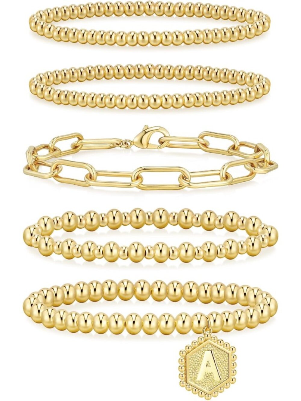 Waterproof Gold Beaded Bracelets for Women, Adjustable Stackable Jewelry Set